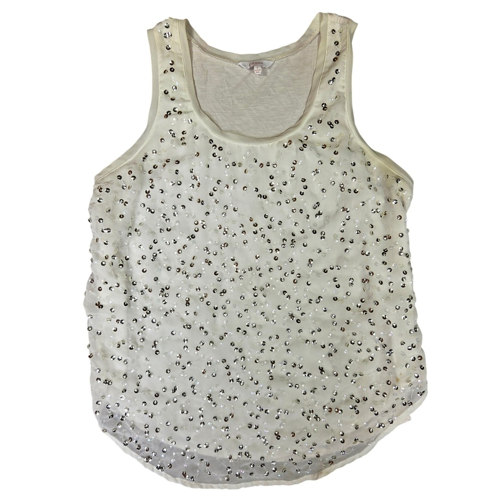 Candies Women Ivory Sequin Mesh Overlay Tank Top Sleeveless Scoop Neck Large Y2k